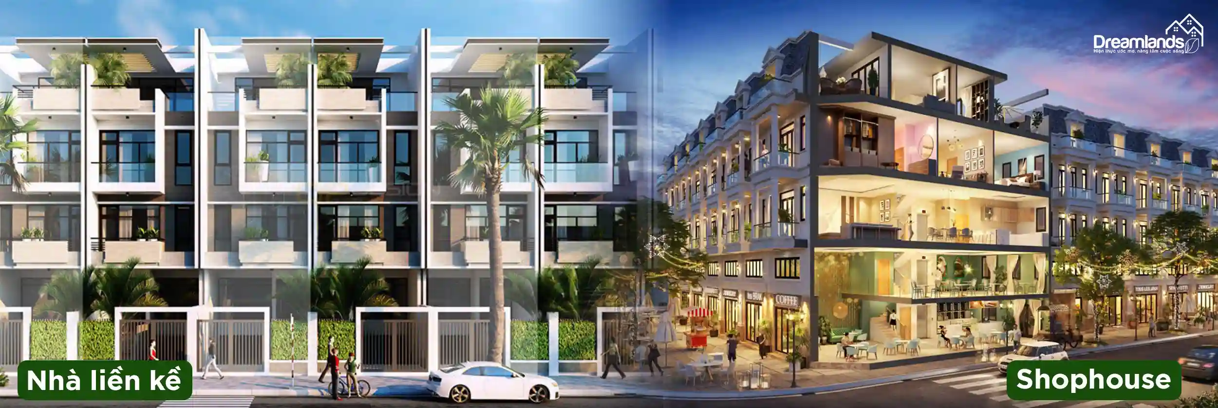 Hình ảnh minh họa sự khác biệt về kiến trúc hoặc vị trí giữa nhà liền kề và shophouse