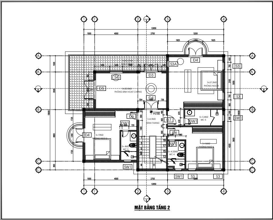 Mặt bằng tầng 2 biệt thự phân khu Yên Bình với ba phòng ngủ và phòng sinh hoạt chung