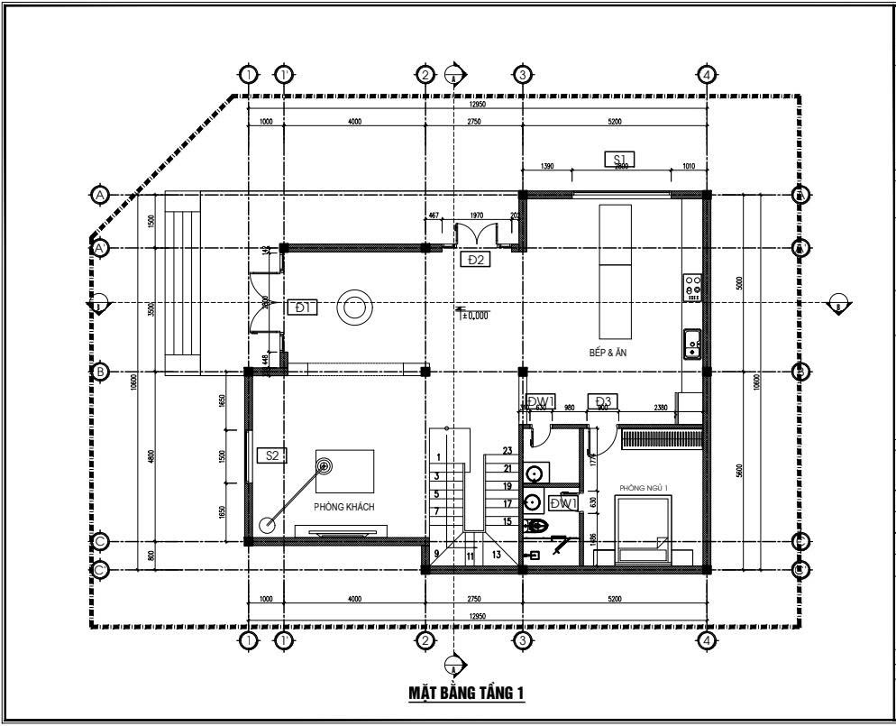 Mặt bằng tầng 1 biệt thự đơn lập Dream Garden City với phòng khách, bếp ăn và phòng ngủ