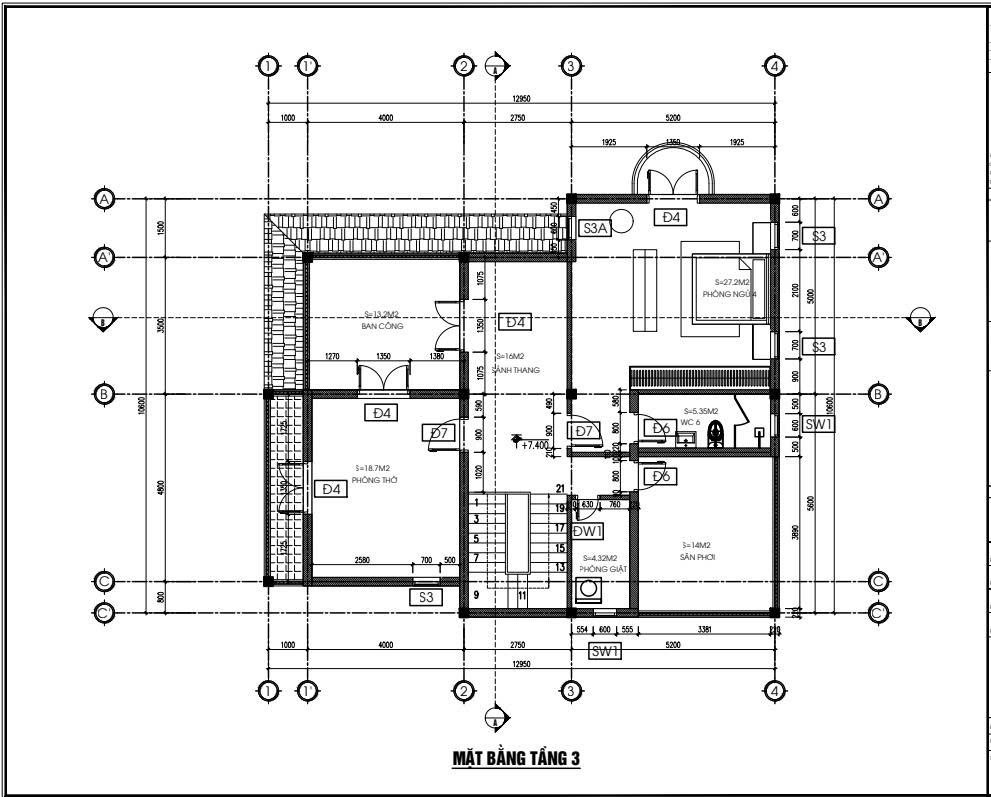 Mặt bằng tầng 3 biệt thự Dream Garden City với phòng ngủ, phòng thờ, ban công và sân phơi
