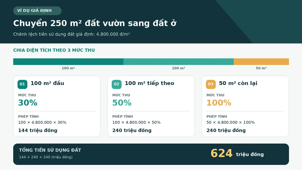 Ví dụ tính tiền chuyển 250 m² đất vườn sang đất ở theo ba mức thu, tổng cộng 624 triệu đồng.