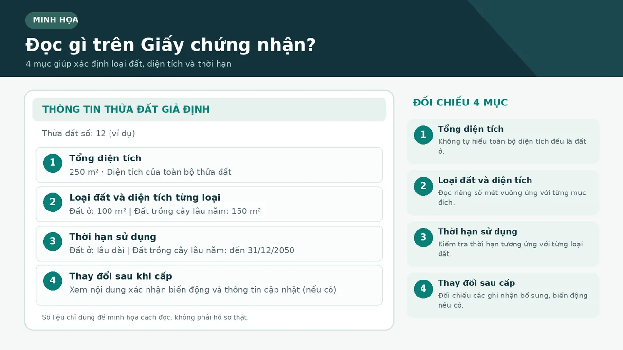Các mục cần đọc trên giấy chứng nhận để xác định loại đất, diện tích và thời hạn sử dụng.