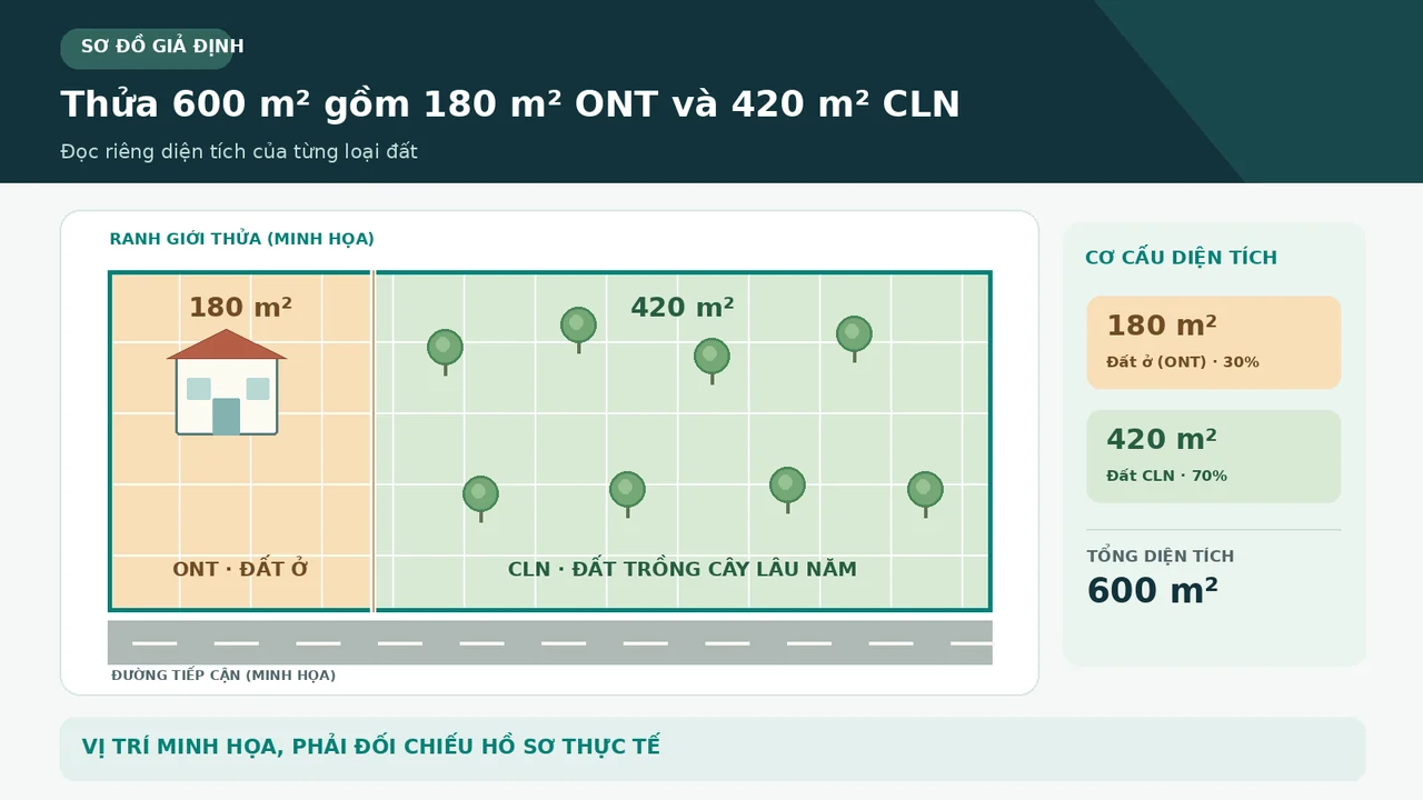 Sơ đồ minh họa thửa 600 mét vuông gồm 180 mét vuông đất ở và 420 mét vuông CLN.