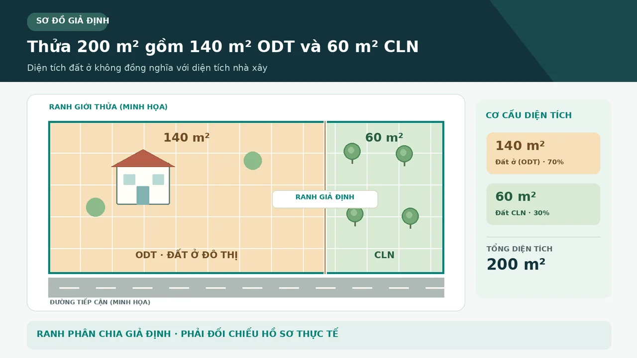 Sơ đồ giả định thửa 200 mét vuông gồm 140 mét vuông ODT và 60 mét vuông đất trồng cây lâu năm.