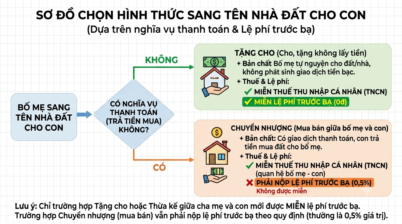 Sơ đồ phân biệt tặng cho và chuyển nhượng nhà đất cho con theo nghĩa vụ thanh toán.