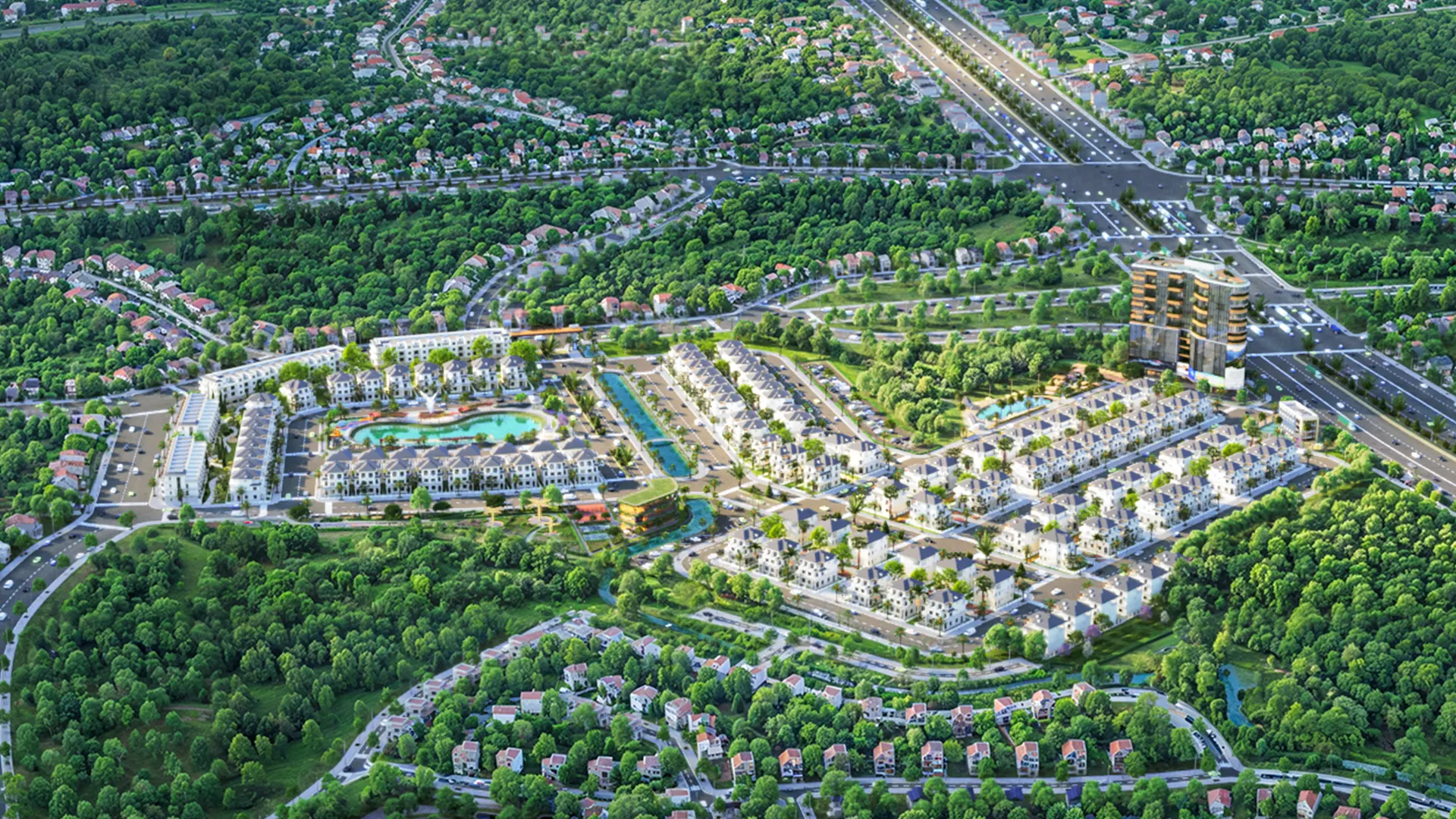 Phối cảnh tổng thể khu đô thị với nhà ở, đường giao thông, cây xanh và không gian sinh hoạt chung