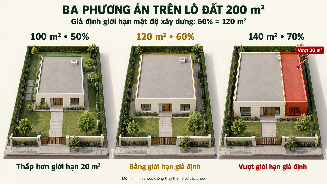 Ba phương án xây dựng 100 m², 120 m² và 140 m² trên những lô đất cùng diện tích 200 m², thể hiện rõ ranh giới và phần vượt giới hạn.