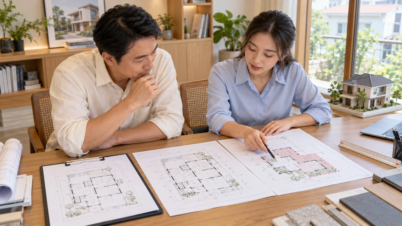 Chủ nhà và kiến trúc sư kiểm tra hồ sơ trước khi điều chỉnh diện tích xây dựng.
