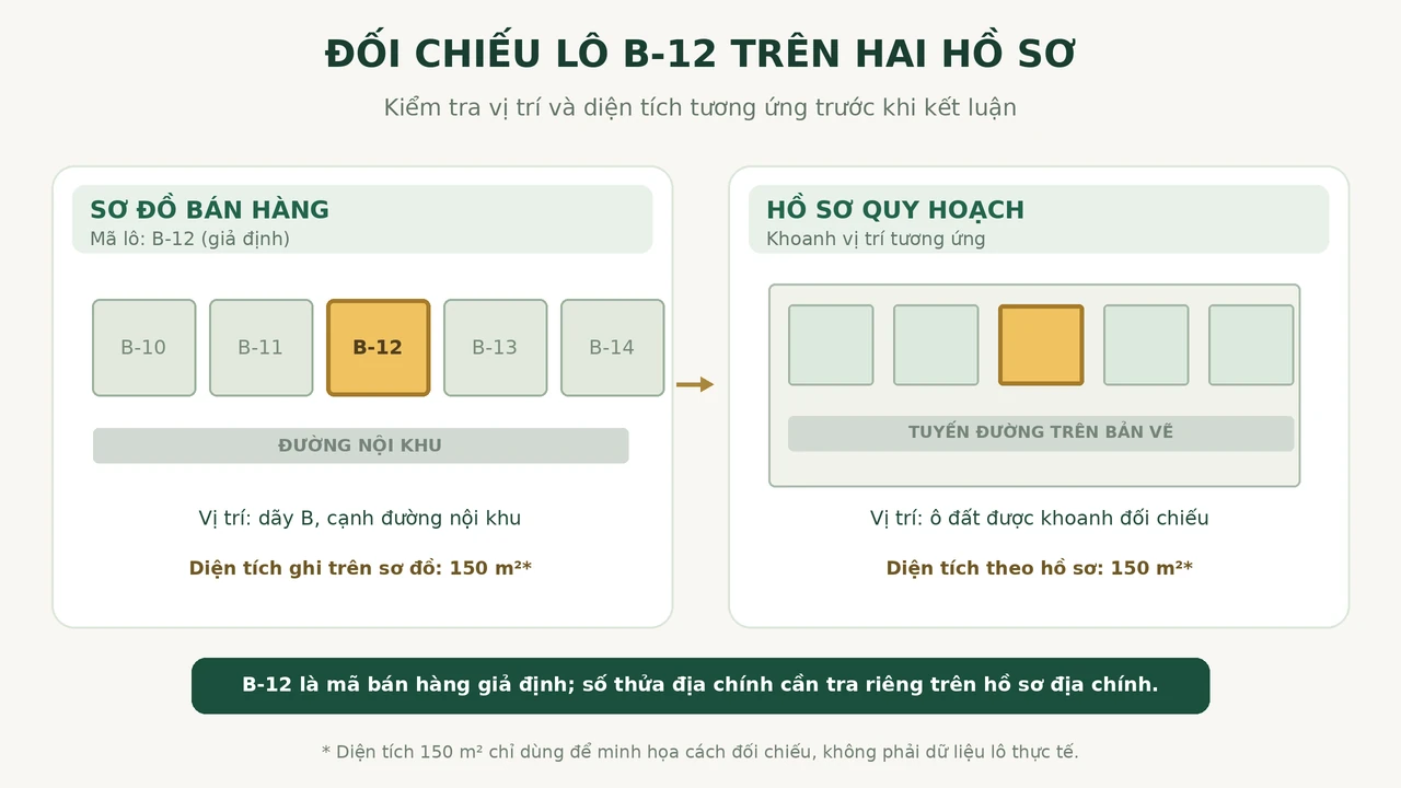 Đối chiếu vị trí lô B-12 giả định trên sơ đồ bán hàng và hồ sơ quy hoạch.