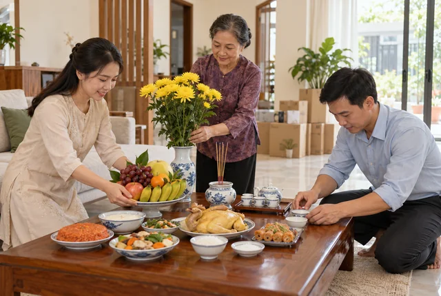 Gia đình chuẩn bị lễ nhập trạch tại nhà mới