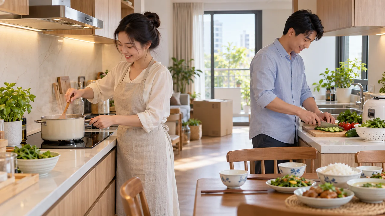 Khai bếp và chuẩn bị bữa ăn tại nhà mới

