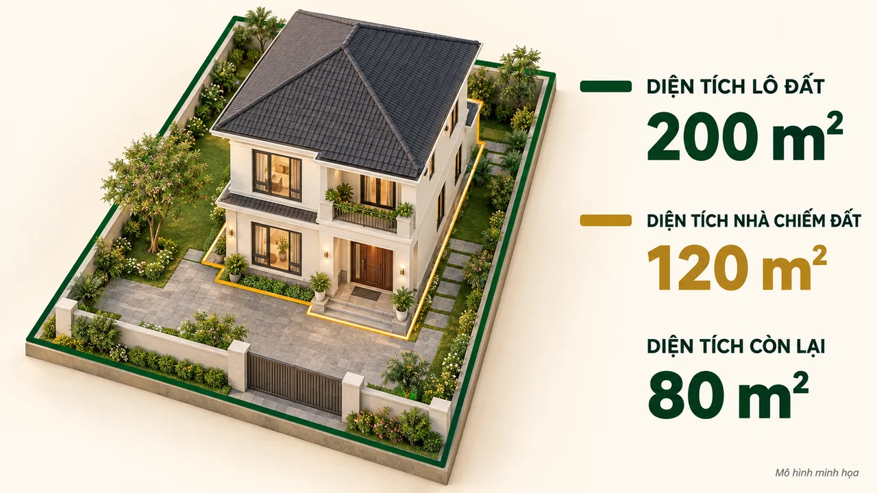 Minh họa lô đất 200 m² có ranh giới rõ ràng, ngôi nhà chiếm diện tích 120 m² và phần diện tích còn lại là 80 m²
