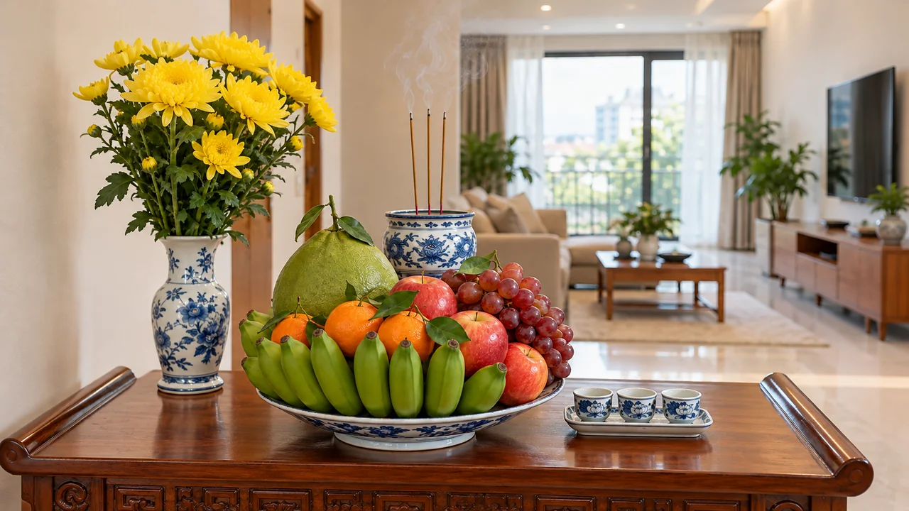Mâm lễ nhập trạch với hương hoa và trái cây