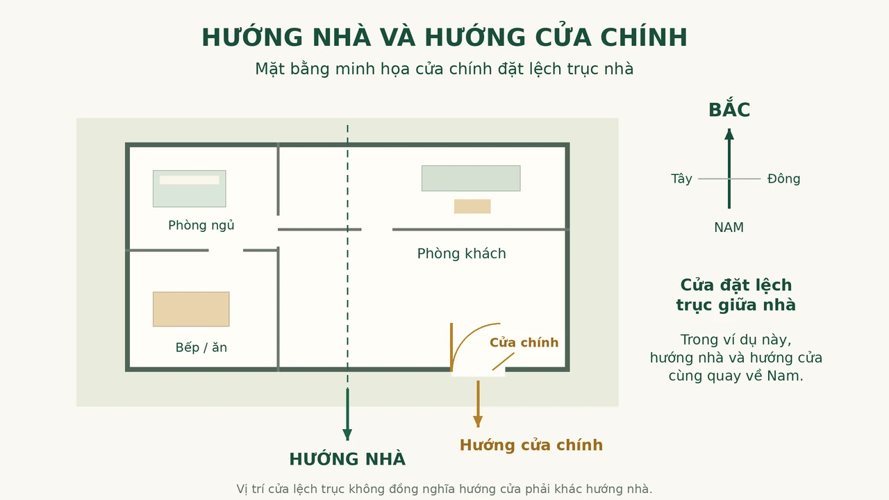 Mặt bằng minh họa sự khác nhau giữa hướng nhà và hướng cửa chính.