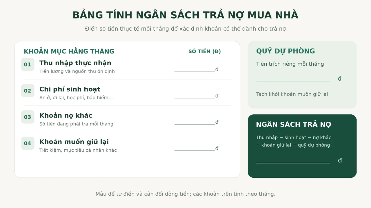 Bảng tính ngân sách trả nợ mua nhà từ thu nhập, chi tiêu và khoản tiền muốn giữ lại mỗi tháng.