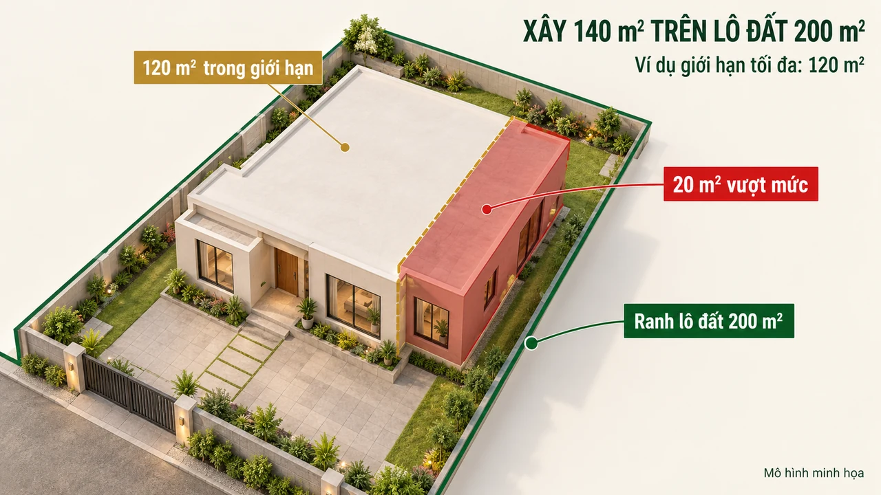 Phương án xây 140 m² trên đất 200 m² vượt giới hạn mật độ 60% một diện tích 20 m².