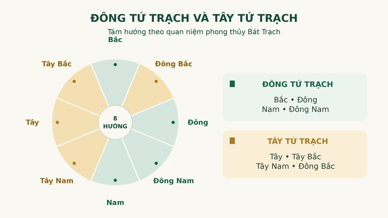 Sơ đồ Đông tứ trạch và Tây tứ trạch với tám hướng tương ứng