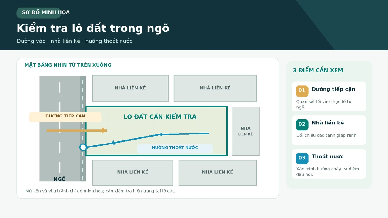 Sơ đồ đường vào, nhà liền kề và hướng thoát nước của lô đất đô thị.
