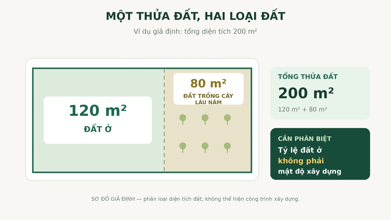 Thửa 200 mét vuông gồm 120 mét vuông đất ở và 80 mét vuông đất trồng cây lâu năm.